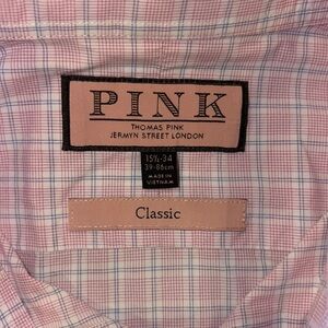 Thomas Pink Mens Classic Fit Dress Shirt 15.5/34 Pink Blue Plaid Long Sleeve